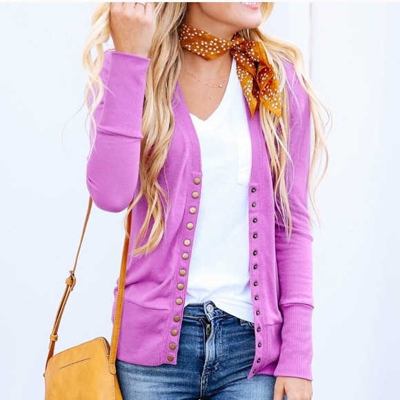 Sweaters - CLEARANCE Dark Mauve Snap Button Cardigan Ribbed Sweater